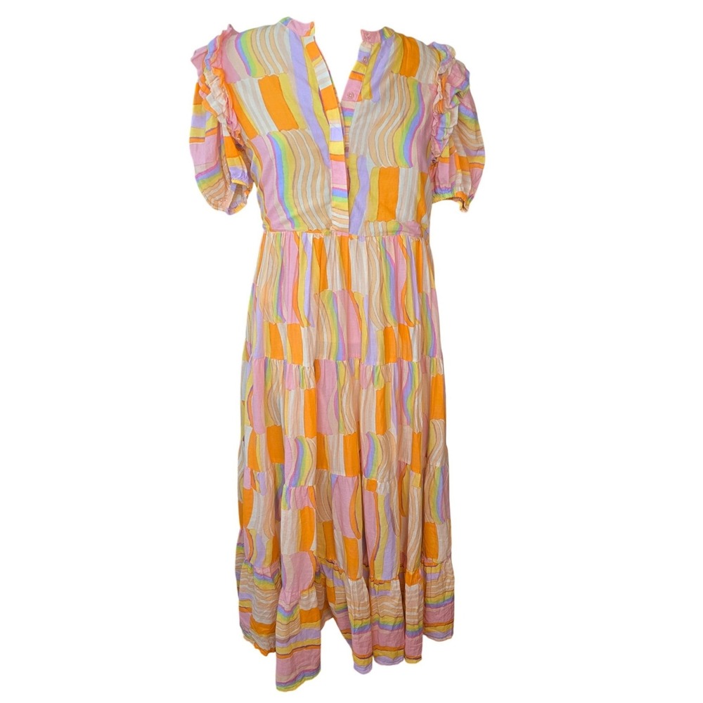 KARLIE Psychedelic Wave Print Tiered Maxi Dress Orange‎ Pink Pastel Medium NWT